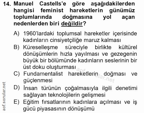 14. soru: Manuel Castells'e göre aşağıdakilerden hangisi feminist hareketlerin günümüz toplumlarında doğmasına yol açan nedenle…
