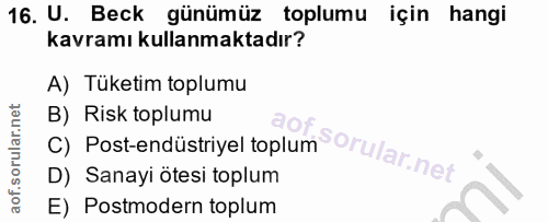 16. soru: U. Beck günümüz toplumu için hangi kavramı kullanmaktadır? A) Tüketim toplumu c) Post-endüstriyel toplum Orular.net B…