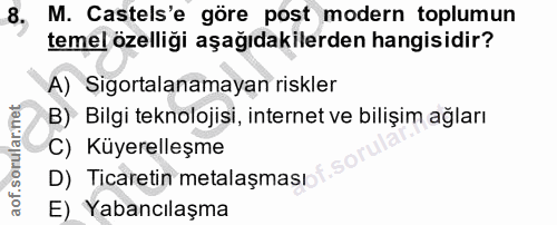 8. soru: M. Castels'e göre post modern toplumun temel özelliği aşağıdakilerden hangisidir? A) Sigortalanamayan riskler B) Bilg…