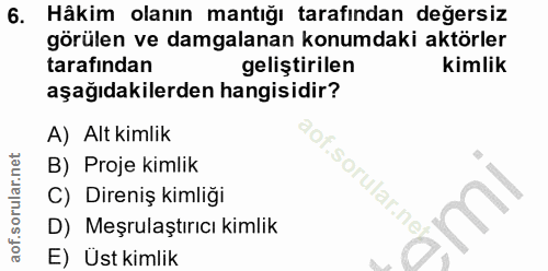 6. soru: Hâkim olanın mantığı tarafından değersiz görülen ve damgalanan konumdaki aktörler tarafından geliştirilen kimlik aşağ…
