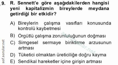 9. soru: R. Sennett'e göre aşağıdakilerden hangisi yeni kapitalizmin bireylerde meydana getirdiği bir etkidir? A) Bireylerin ç…
