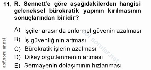 11. soru: R. Senett'e göre aşağıdakilerden hangisi geleneksel bürokratik yapının kırılmasının sonuçlarından biridir? A) İşçiler…