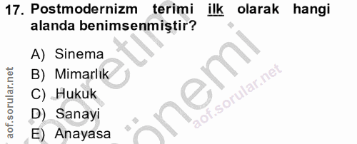 17. soru: Postmodernizm terimi ilk olarak hangi alanda benimsenmiştir? A) Sinema B) Mimarlık C) Hukuk D) Sanayı Anayasa