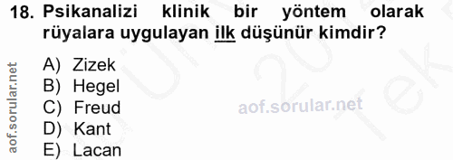 18. soru: Psikanalizi klinik bir yöntem olarak rüyalara uygulayan ilk düşünür kimdir? A) Zizek B) Hegel C) Freud D) Kant E) Lacan