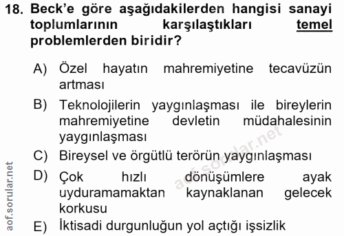 18. soru: Beck'e göre aşağıdakilerden hangisi sanayi toplumlarının karşılaştıkları temel problemlerden biridir? A) Özel hayatın…