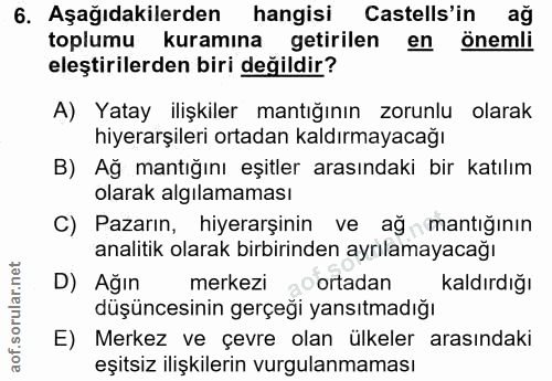 6. soru: Aşağıdakilerden hangisi Castells'in ağ toplumu kuramına getirilen en önemli eleştirilerden biri değildir? A) Yatay il…