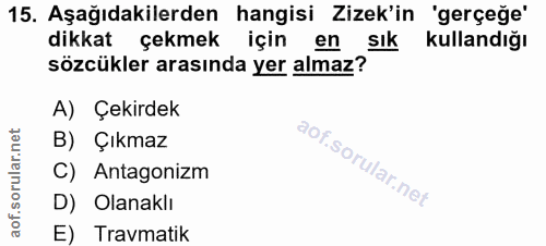 15. soru: Aşağıdakilerden hangisi Zizek'in 'gerçeğe' dikkat çekmek için en sık kullandığı sözcükler arasında yer almaz? A) Çeki…