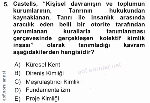5. soru: Castells, "Kişisel davranışın ve toplumun Kurumlarının, Tanrının hukukundan kaynaklanan, Tanrı ile insanlık arasında…