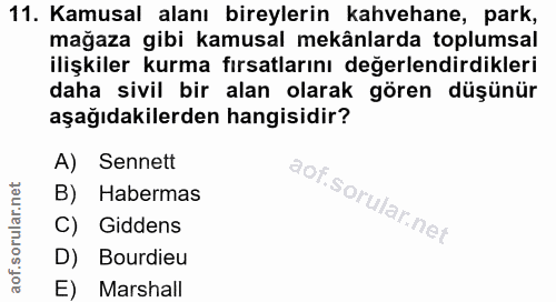11. soru: Kamusal alanı bireylerin kahvehane, park, mağaza gibi kamusal mekânlarda toplumsal ilişkiler kurma fırsatlarını değer…