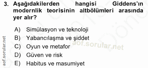 3. soru: Aşağıdakilerden hangisi Gidens'ın modernlik teorisinin altbölümleri arasında yer alır? A) Simülasyon ve teknoloji B)…