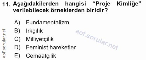 11. soru: Aşağıdakilerden hangisi "Proje Kimliğe" verilebilecek örneklerden biridir? A) Fundamentalizm B) Irkçılık C) Milliyetç…