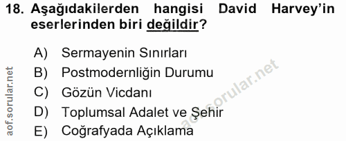 18. soru: Aşağıdakilerden hangisi David Harvey'in eserlerinden biri değildir? A) Sermayenin Sınırları B) Postmodernliğin Durumu…