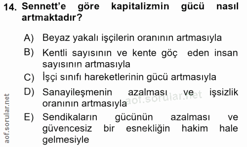 14. soru: Sennett'e göre kapitalizmin gücü nasıl artmaktadır? A) Beyaz yakalı işçilerin oranının artmasıyla B) Kentli sayısının…