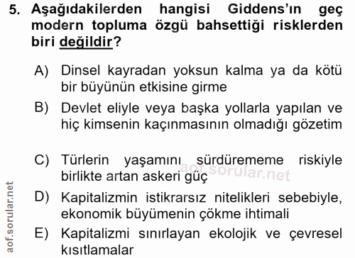 5. soru: Aşağıdakilerden hangisi Gidens'ın geç modern topluma özgü bahsettiği risklerden biri değildir? A) Dinsel kayradan yok…