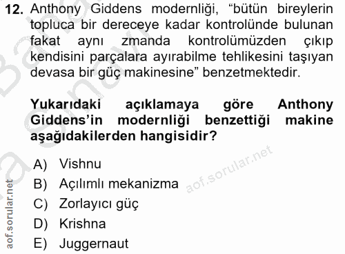 12. soru: Anthony Giddens modernliği, "bütün bireylerin topluca bir dereceye kadar kontrolünde bulunan fakat aynı zmanda kontro…