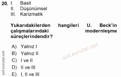 20. soru: 1. Basit II. Düşünümsel IlI. Karizmatik Yukarıdakilerden hangileri U. Beck'in çalışmalarındaki modernleşme süreçlerin…