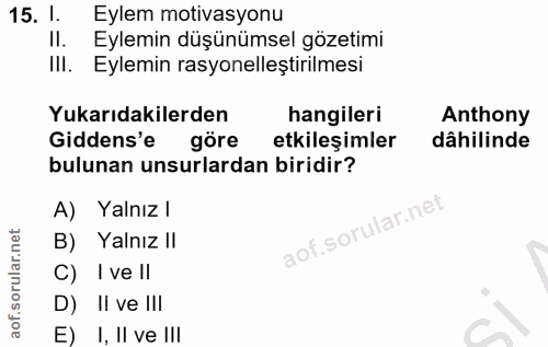 15. soru: 1. Eylem motıvasyonu II. Eylemin düşünümsel gözetimi IlI. Eylemin rasyonelleştirilmesi Yukarıdakilerden hangileri Ant…