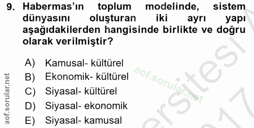 9. soru: Habermas'ın toplum modelinde, sistem dünyasını oluşturan iki ayrı yapı aşağıdakilerden hangisinde birlikte ve doğru o…