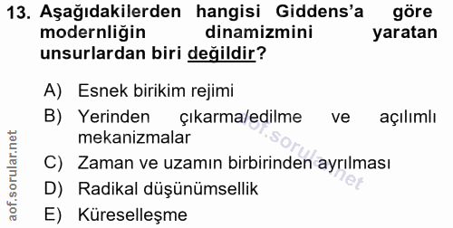 13. soru: Aşağıdakilerden hangisi Gidens'a göre modernligin dinamizmini yaratan unsurlardan biri değildir? A) Esnek birikim rej…