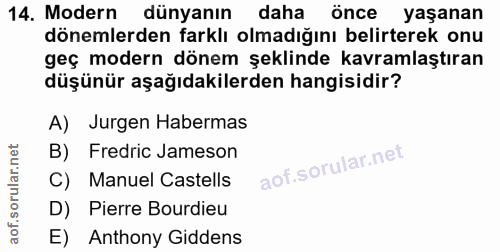 14. soru: Modern dünyanın daha önce yaşanan dönemlerden farklı olmadığını belirterek onu geç modern dönem şeklinde kavramlaştır…