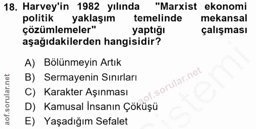 18. soru: Harvey'in 1982 yılında "Marxist ekonomi politik yaklaşım temelinde mekansal çözümlemeler" yaptığı çalışması aşağıdaki…