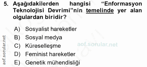 5. soru: Aşağıdakilerden hangisi "Enformasyon Teknolojisi Devrimi"nin temelinde yer alan olgulardan biridir? A) Sosyalist hare…