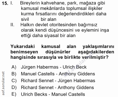 15. soru: I. Bireylerin kahvehane, park, mağaza gibi kamusal mekânlarda toplumsal ilişkiler kurma fırsatlarını değerlendirdikle…