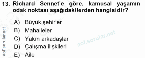 13. soru: Richard Sennet'e göre, kamusal yaşamın odak noktası aşağıdakilerden hangisidir? A) Büyük şehirler B) Mahalleler C) Ya…