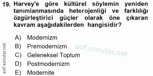 19. soru: Harvey'e göre kültürel söylemin yeniden tanımlanmasında heterojenliği ve farklılığı özgürleştirici güçler olarak öne…