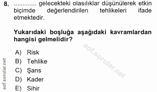 8. soru: ...... gelecekteki olasılıklar düşünülerek etkin biçimde değerlendirilen tehlikeleri ifade etmektedir. Yukarıdaki boş…