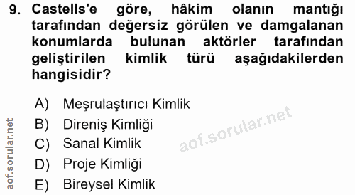 9. soru: Castells'e göre, hâkim olanın mantığı tarafından değersiz görülen ve damgalanan konumlarda bulunan aktörler tarafında…