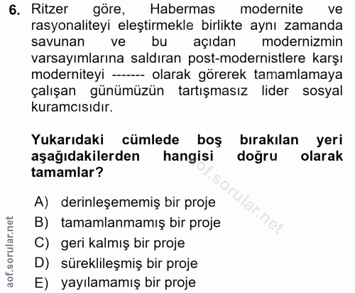 6. soru: Ritzer göre, Habermas modernite ve rasyonaliteyi eleştirmekle birlikte aynı zamanda savunan ve bu açıdan modernizmin…