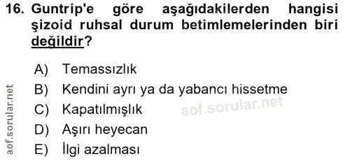 16. soru: Guntrip'e göre aşağıdakilerden hangisi şizoid ruhsal durum betimlemelerinden biri değildir? A) Temassızlık B) Kendini…