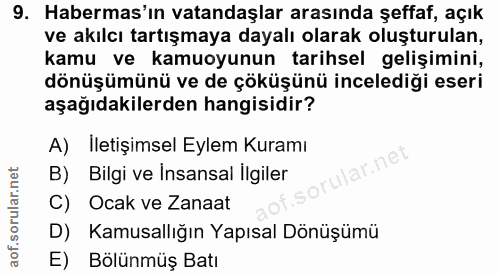 9. soru: Habermas'ın vatandaşlar arasında şeffaf, açık ve akılcı tartışmaya dayalı olarak oluşturulan, kamu ve kamuoyunun tari…