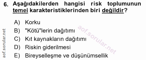 6. soru: Aşağıdakilerden hangisi risk toplumunun temel karakteristiklerinden biri değildir? A) Korku B) "Kötü'lerin dağıtımı C…
