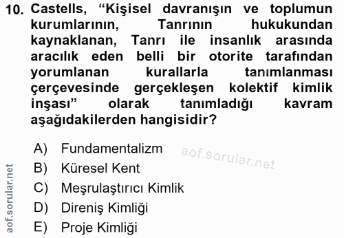 10. soru: Castells, "Kişisel davranışın ve toplumun kurumlarının, Tanrının hukukundan kaynaklanan, Tanrı ile insanlık arasında…