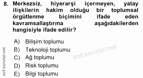 8. soru: Merkezsiz, hiyerarşi içermeyen, yatay ilişkilerin hakim olduğu bir toplumsal örgütlenme biçimini ifade eden kavramsal…