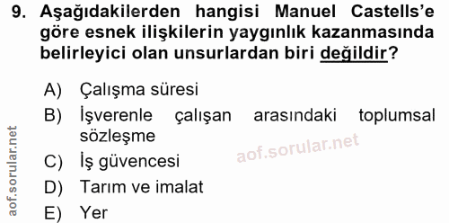 9. soru: Aşağıdakilerden hangisi Manuel Castells'e göre esnek ilişkilerin yaygınlık kazanmasında belirleyici olan unsurlardan…