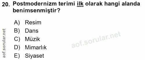 20. soru: Postmodernizm terimi ilk olarak hangi alanda benimsenmiştir? A) Resim B) Dans C) Müzik D) Mimarlık E) Siyaset