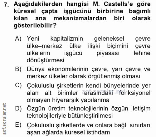 7. soru: Aşağıdakilerden hangisi M. Castells'e göre küresel çapta işgücünü birbirine bağımlı kılan ana mekanizmalardan biri ol…