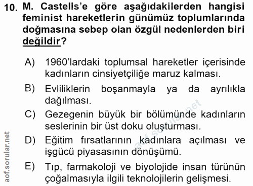 10. soru: M. Castells'e göre aşağıdakilerden hangisi feminist hareketlerin günümüz toplumlarında doğmasına sebep olan özgül ned…