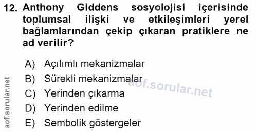 12. soru: Anthony Giddens sosyolojisi içerisinde toplumsal ilişki ve etkileşimleri yerel bağlamlarından çekip çıkaran pratikler…