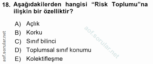 18. soru: Aşağıdakilerden hangisi "Risk Toplumu"na ilişkin bir özelliktir? A) Açlık B) Korku C) Sınıf bilinci D) Toplumsal sını…