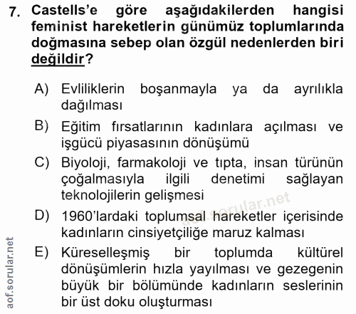 7. soru: Castells'e göre aşağıdakilerden hangisi feminist hareketlerin günümüz toplumlarında doğmasına sebep olan özgül nedenl…