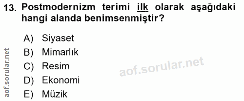 13. soru: Postmodernizm terimi ilk olarak aşağıdaki hangi alanda benimsenmiştir? A) Siyaset B) Mimarlık C) Resim D) Ekonomi E)…