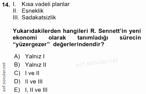 14. soru: I. Kısa vadeli planlar II. Esneklik III. Sadakatsizlik Yukarıdakilerden hangileri R. Senett'in yeni ekonomi olarak ta…