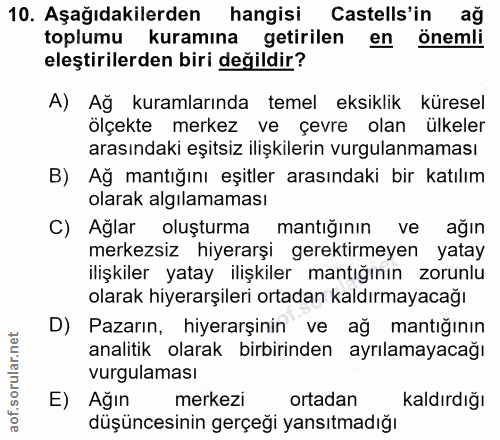 10. soru: Aşağıdakilerden hangisi Castells'in ağ toplumu kuramına getirilen en önemli eleştirilerden biri değildir? A) Ağ kuram…