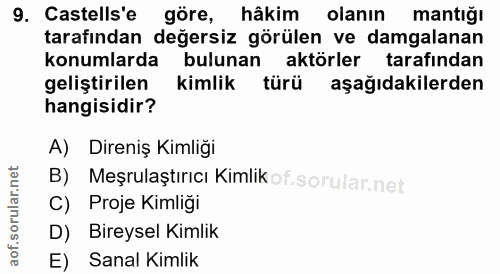9. soru: Castells'e göre, hâkim olanın mantığı tarafından değersiz görülen ve damgalanan konumlarda bulunan aktörler tarafında…