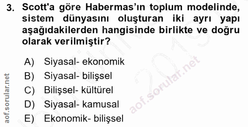 3. soru: Scott'a göre Habermas'in toplum modelinde, sistem dünyasını oluşturan iki ayrı yapı aşağıdakilerden hangisinde birlik…