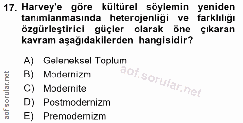 17. soru: Harvey'e göre kültürel söylemin yeniden tanımlanmasında heterojenliği ve farklılığı özgürleştirici güçler olarak öne…